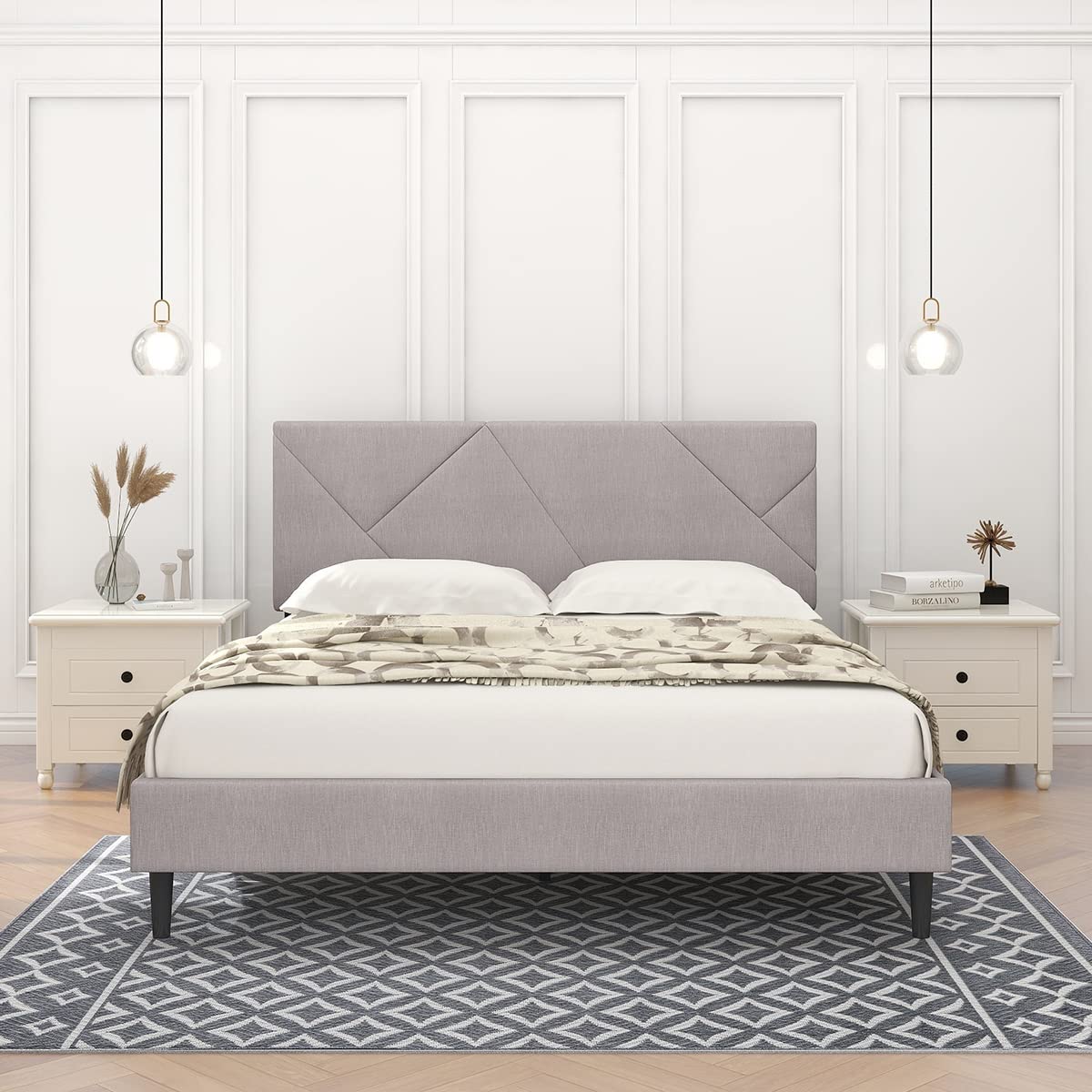Queen Size Platform Bed Frame, Sqaure Upholstered Bed Frame with Headboard