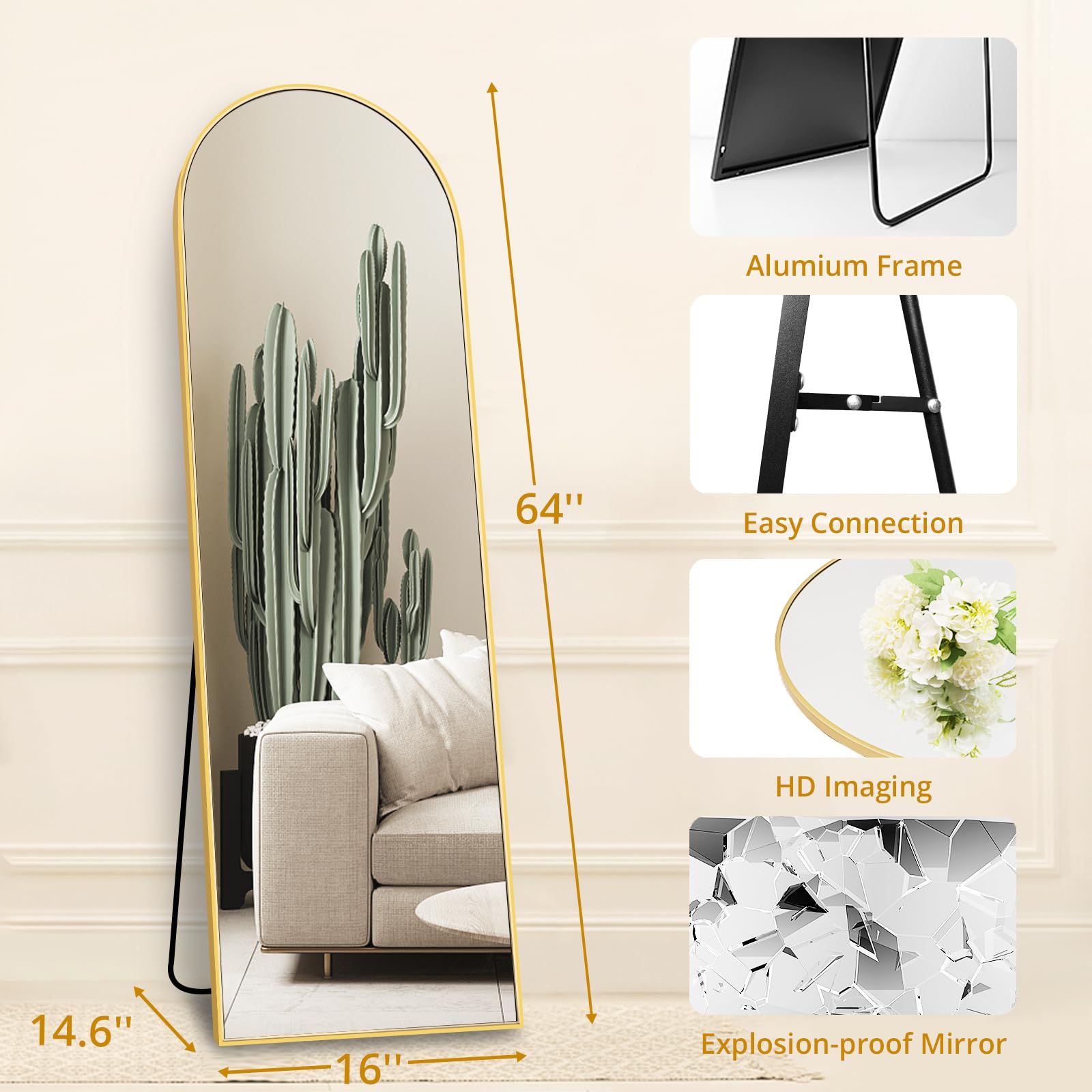 Arched Full Length Mirror with Stand - 64"x21" Gold Mirrors Floor Length for Bedroom