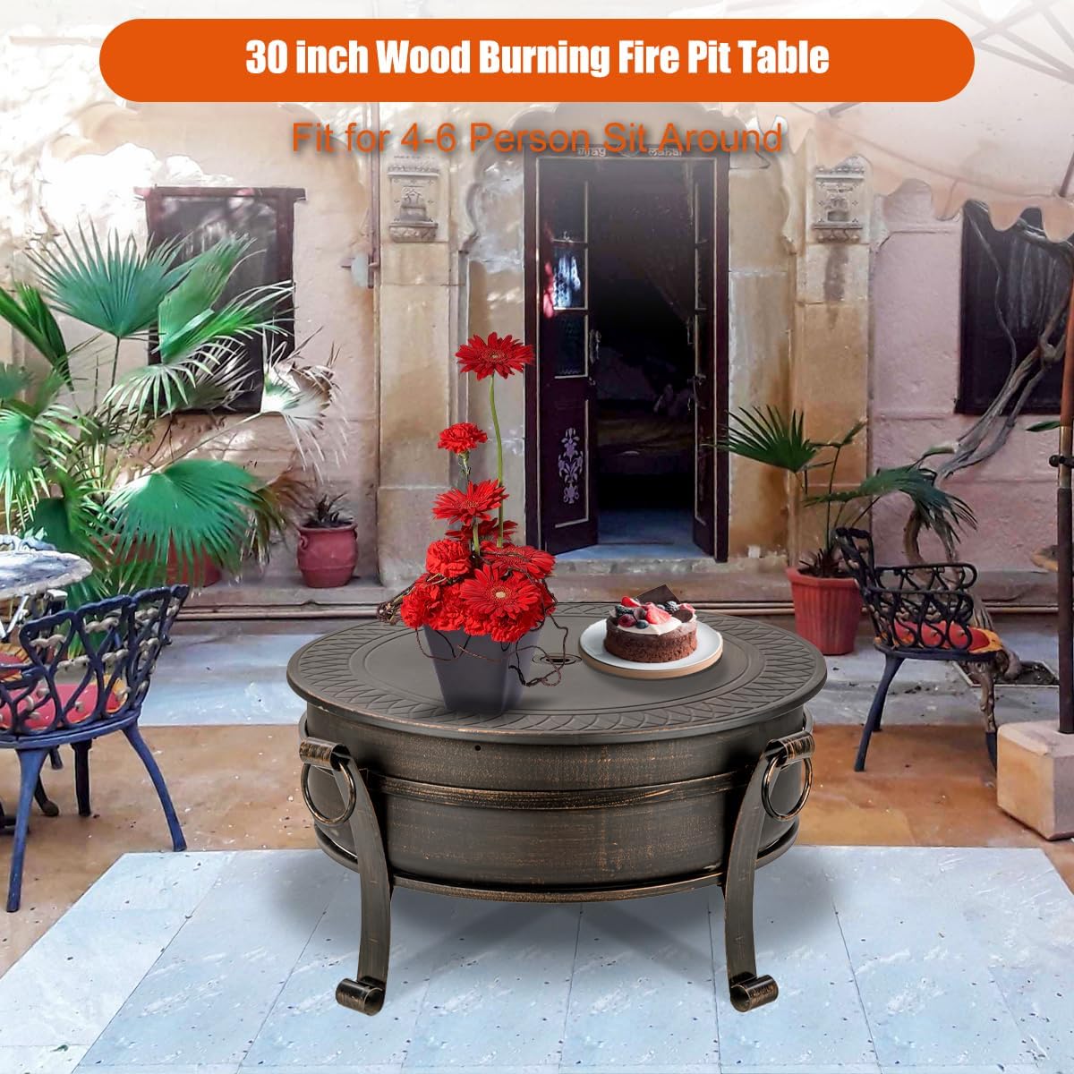 EcoNook 36 Inch Fire Pit with Grill & Lid, Fireplace & Round Table & BBQ 3 in 1 Fire Pit,Heavy Duty Wood Burning Fire Pits for Outside with Fire Poker, Waterproof Cover & Log Grate