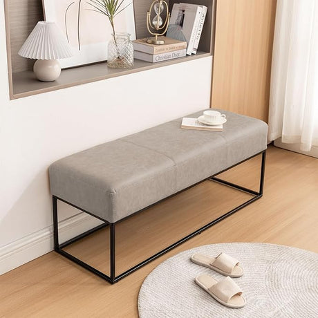 Leather Entryway Bench for Bedroom End of Bed, Modern Ottoman Bench with Faux