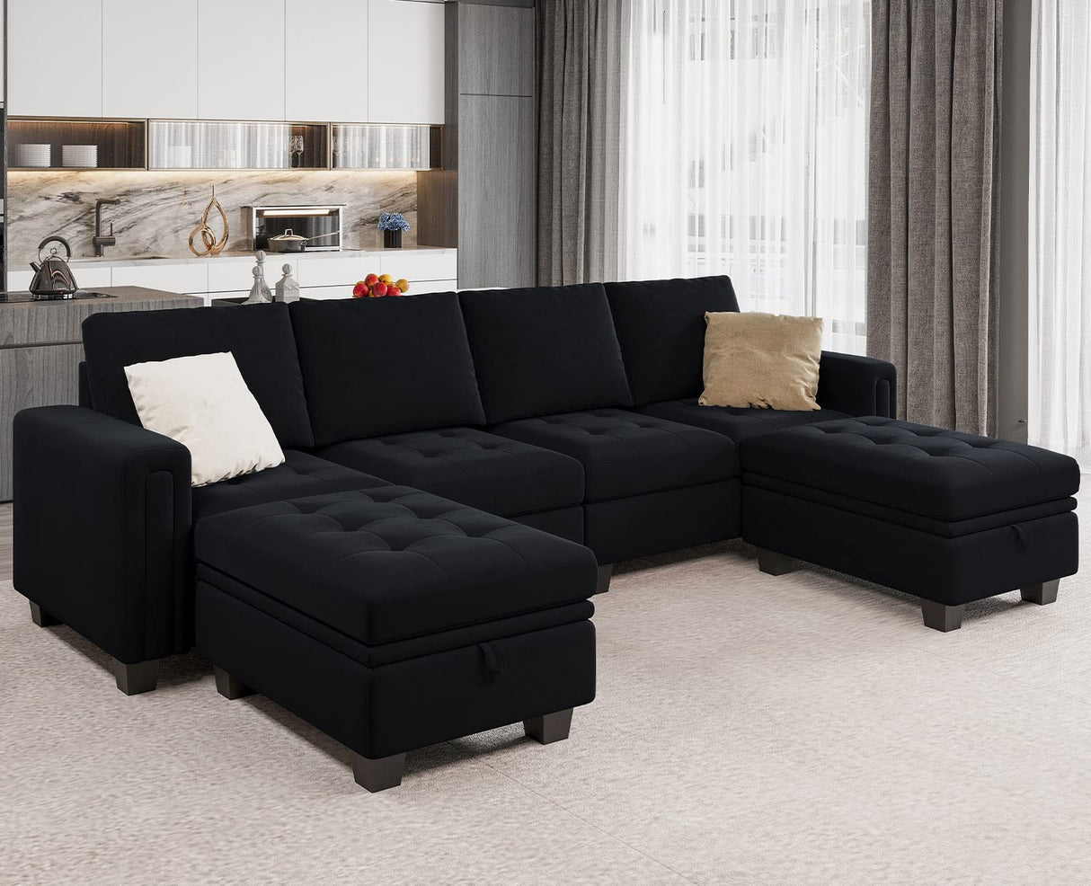 Velvet U Shaped Sectional Sofa Couch with Storage Ottoman Convertibel Sectional Sofa