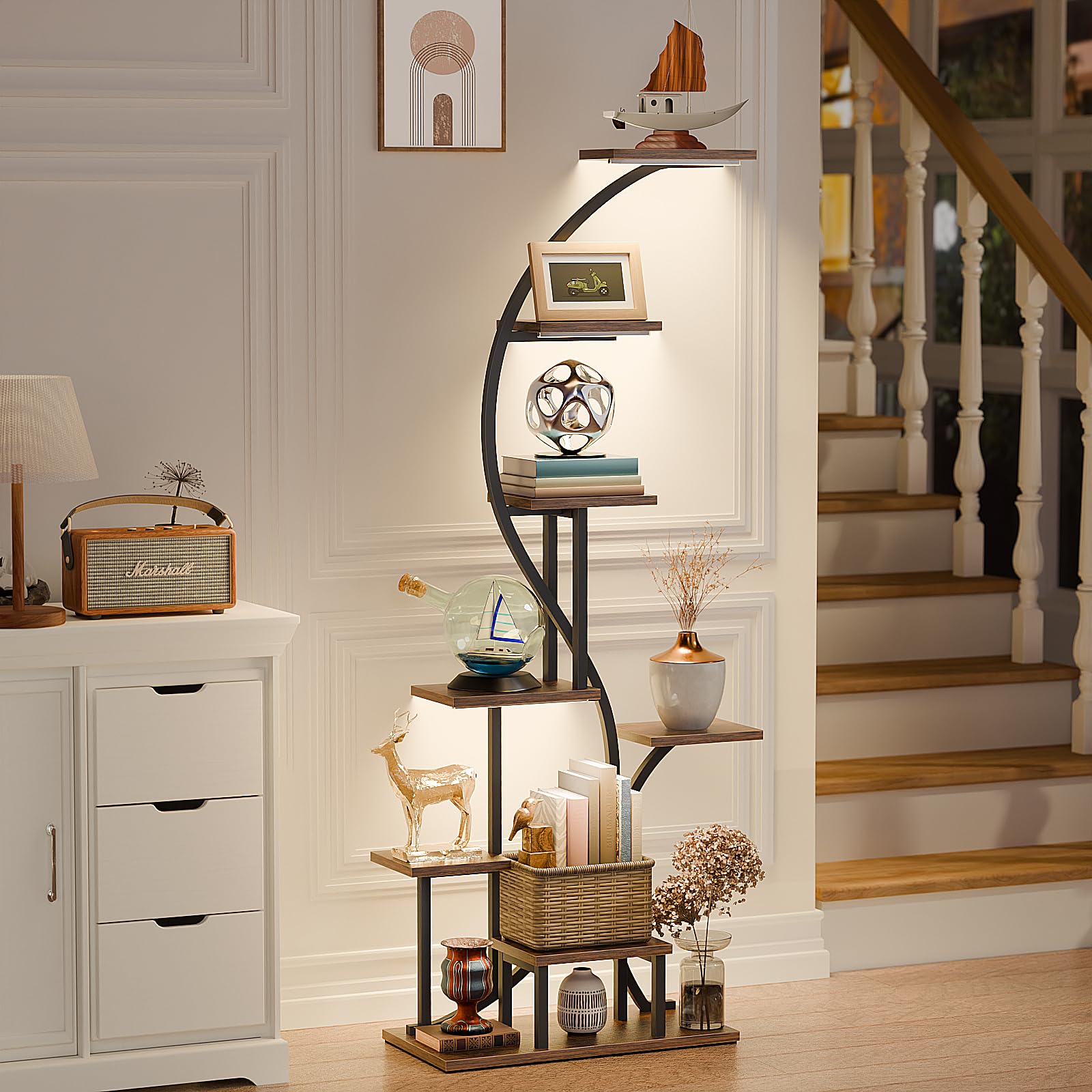 8 Tier Corner Shelf with Light, 65" Tall Coner Display Shelves