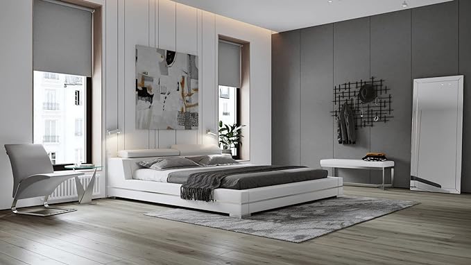 Hera Genuine White Leather Platform Bed with Adjustable Headrests - King