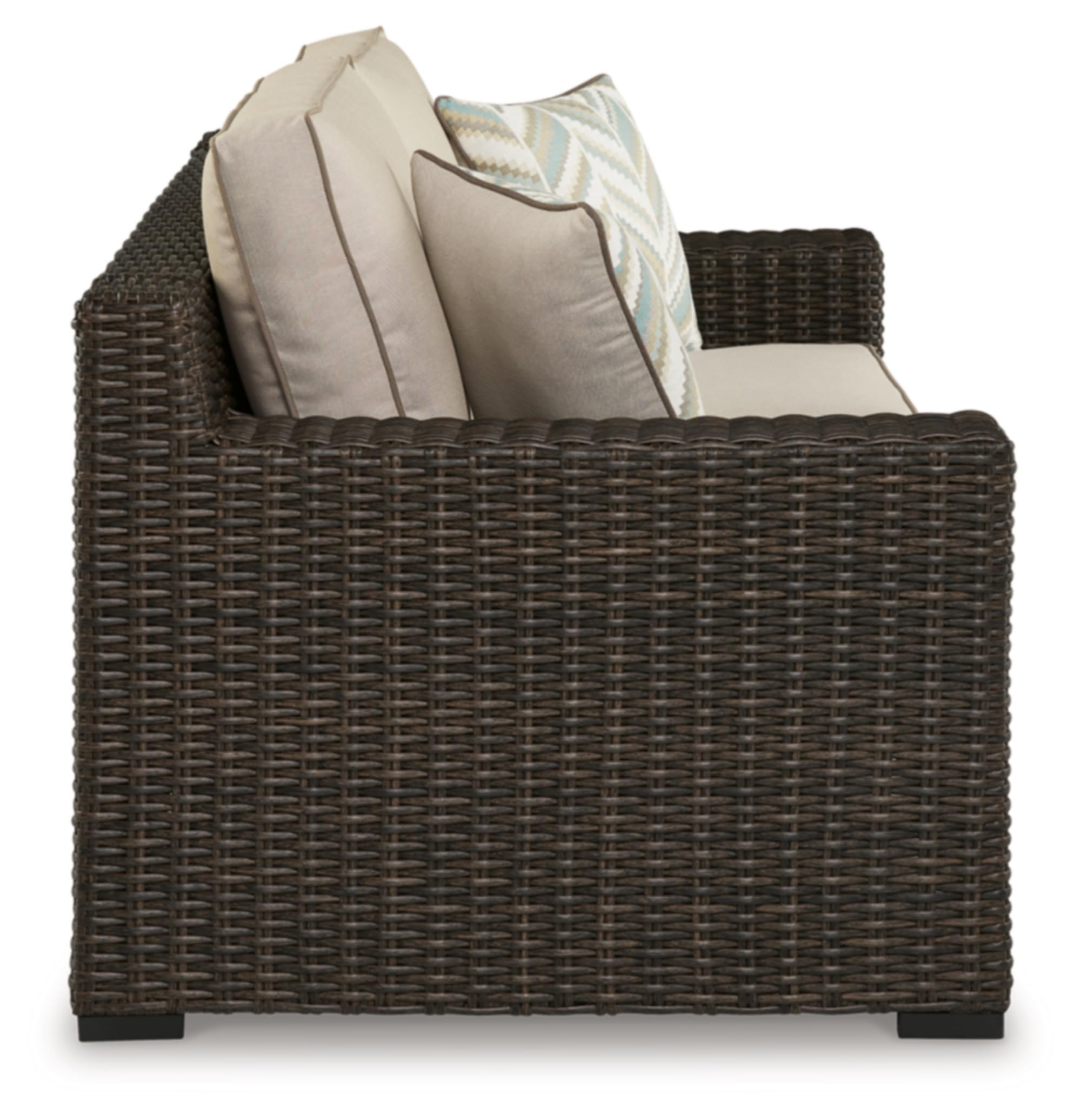 Signature Design by Ashley Coastline Bay Casual Weather Resistant Outdoor Loveseat with Cushion and 2 Throw Pillows, Beige & Dark Brown