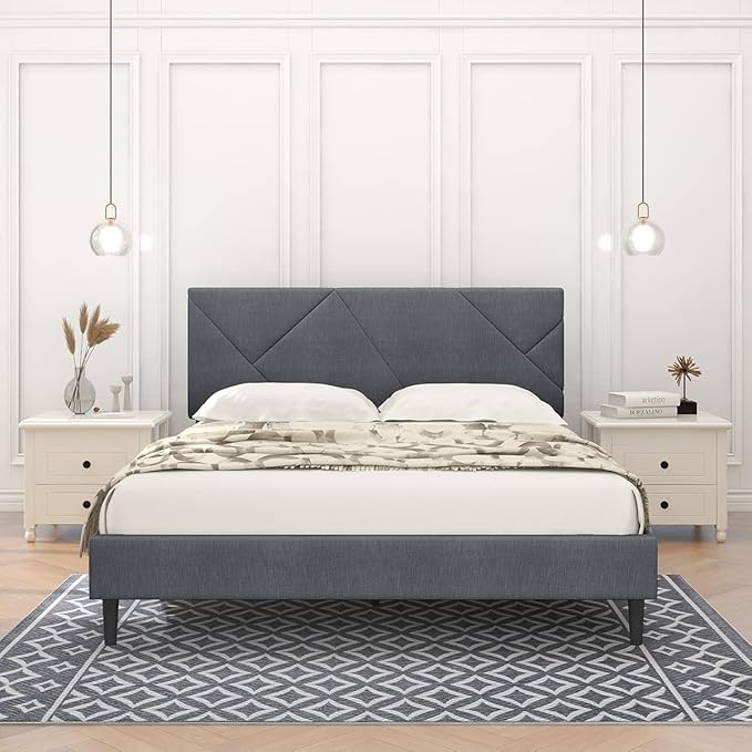 Queen Size Platform Bed Frame, Sqaure Upholstered Bed Frame with Headboard