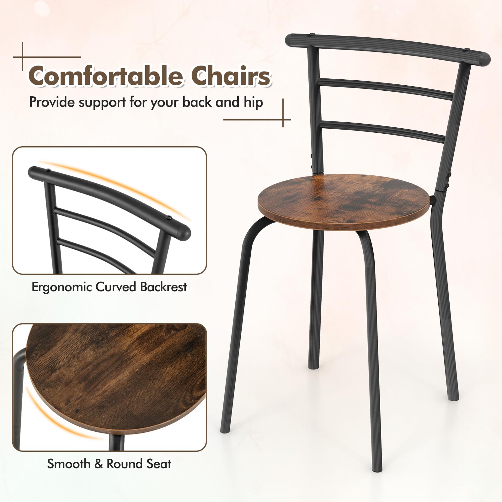Giantex 3 Piece Dining Set Compact 2 Chairs and Table Set with Metal Frame and Shelf Storage Bistro Pub Breakfast Space Saving for Apartment and Kitchen (Black & Brown)