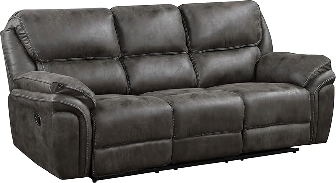 Tony 90 Inch Double Manual Recliner Sofa, Gray Microfiber, Solid Wood