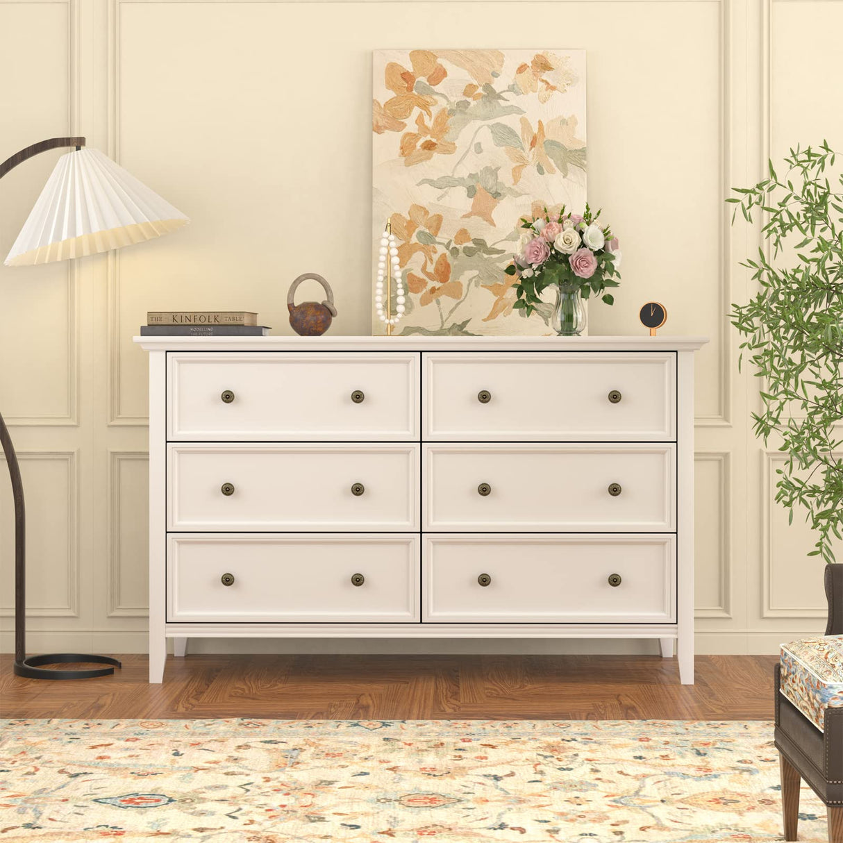 6 𝑫𝒓𝒂𝒘𝒆𝒓𝒔 𝑫𝒓𝒆𝒔𝒔𝒆𝒓, White 6 Drawer Dresser for Bedroom, Modern Solid Wood Chest