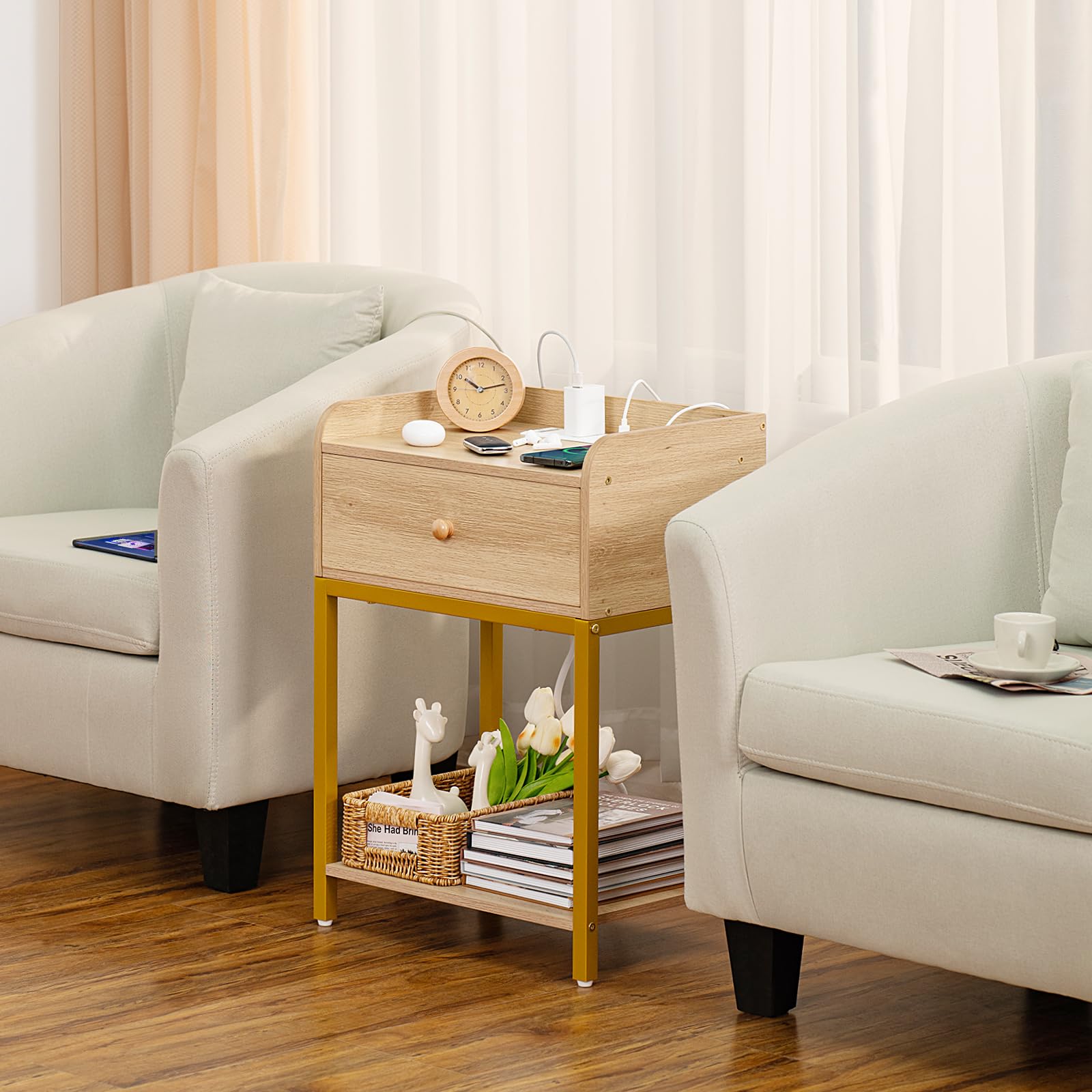 Nightstand with Charging Station and USB Ports, Natural Night Stand
