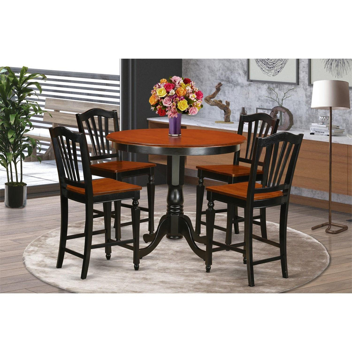 Furniture TRCH5-BLK-W 5 Piece Counter Height Pub Set Includes a Round Dining Table