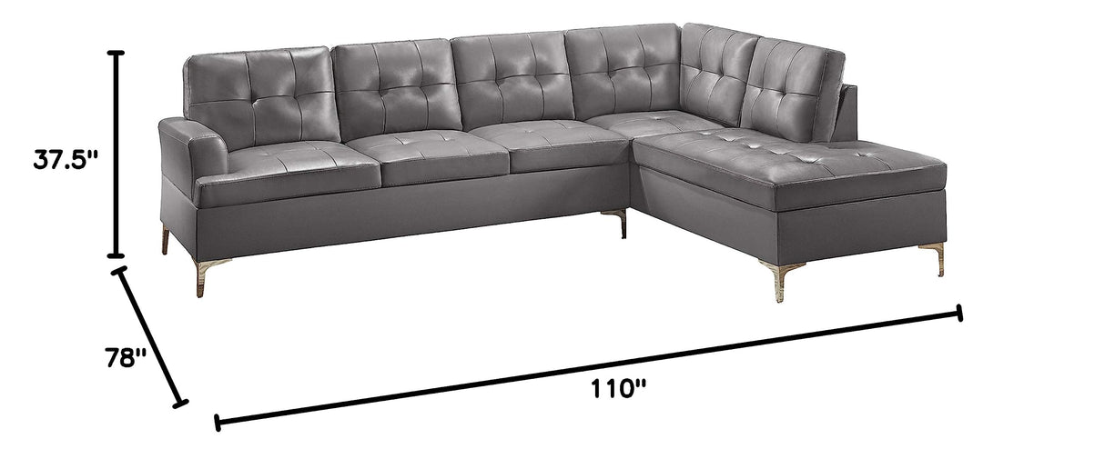 Dani 2-Piece Faux Leather Tufted Sectional Sofa with Right Chaise, 110" x 78", Grey