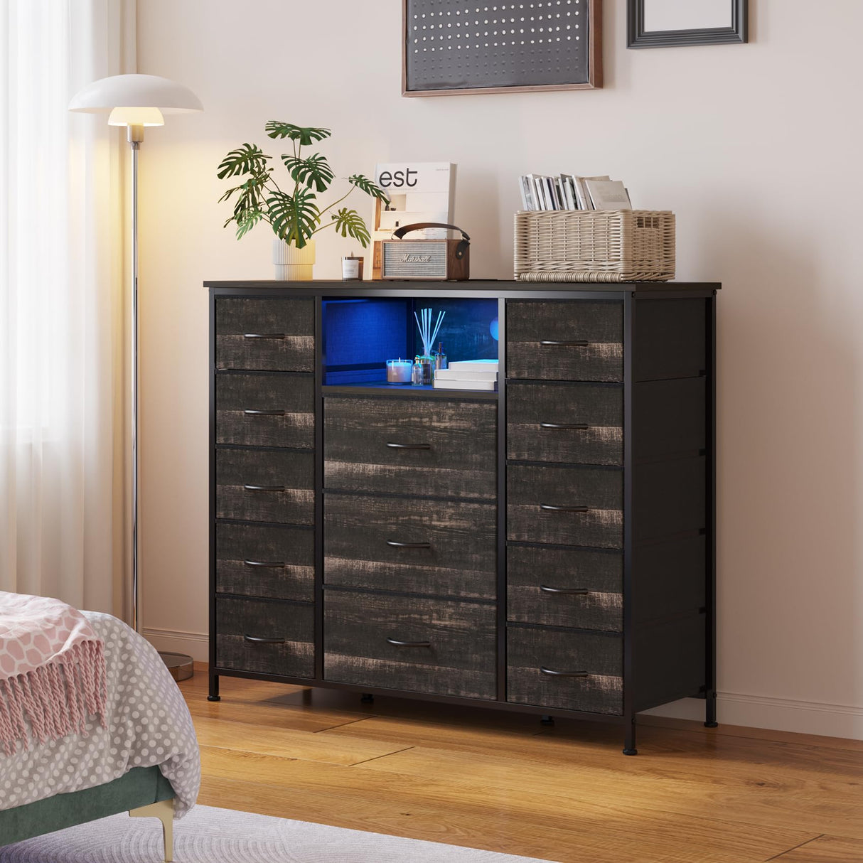 13 Drawers Dresser, Dressers with Fabric Drawers，Open Shelf