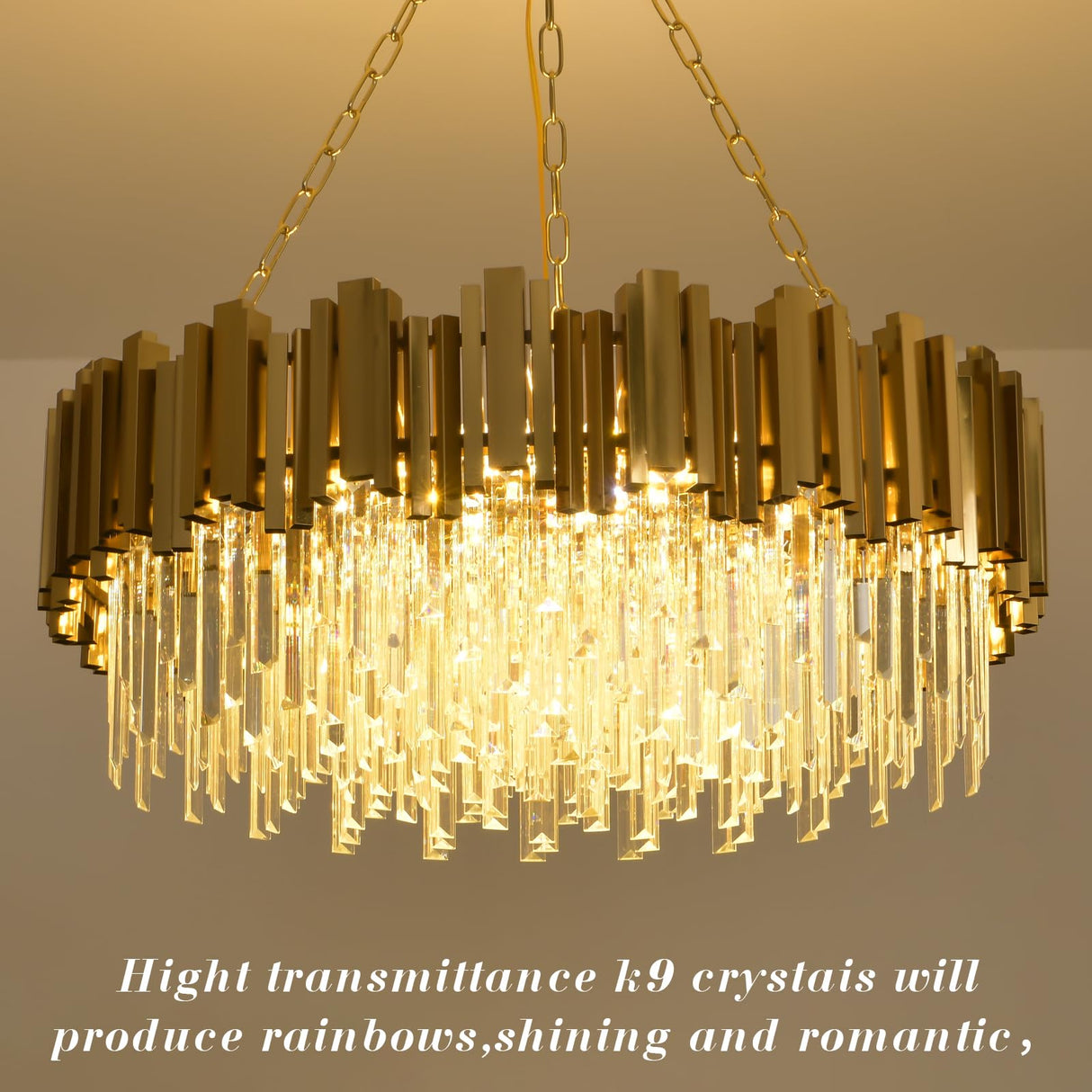 Modern Gold Crystal Chandelier Hanging Ceiling Light Fixture 12 Lights Round Crystal