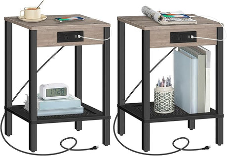 Side Table with Charging Station, End Table with USB Ports and Outlet, Nightstand with