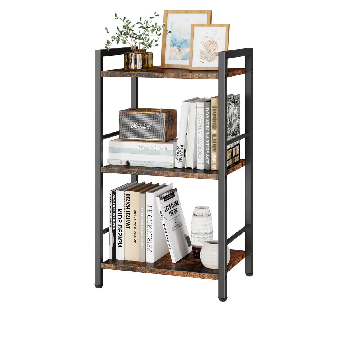 3 Tier Bookshelf, Small Bookcase with 3 Open Shelves, Short Metal and Wood Book Shelf