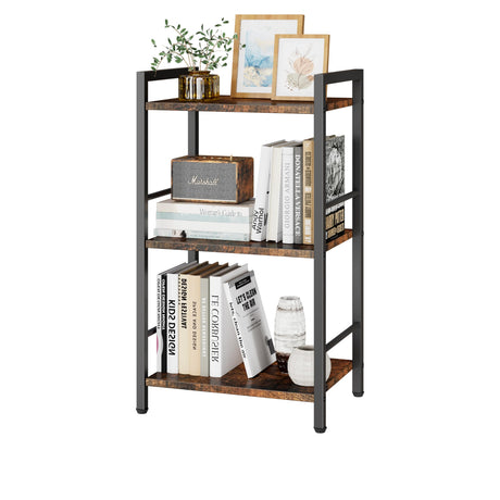 3 Tier Bookshelf, Small Bookcase with 3 Open Shelves, Short Metal and Wood Book Shelf