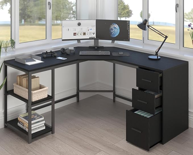 White L Shaped Corner Desk with Drawers, Reversible Modern L-Shaped Computer
