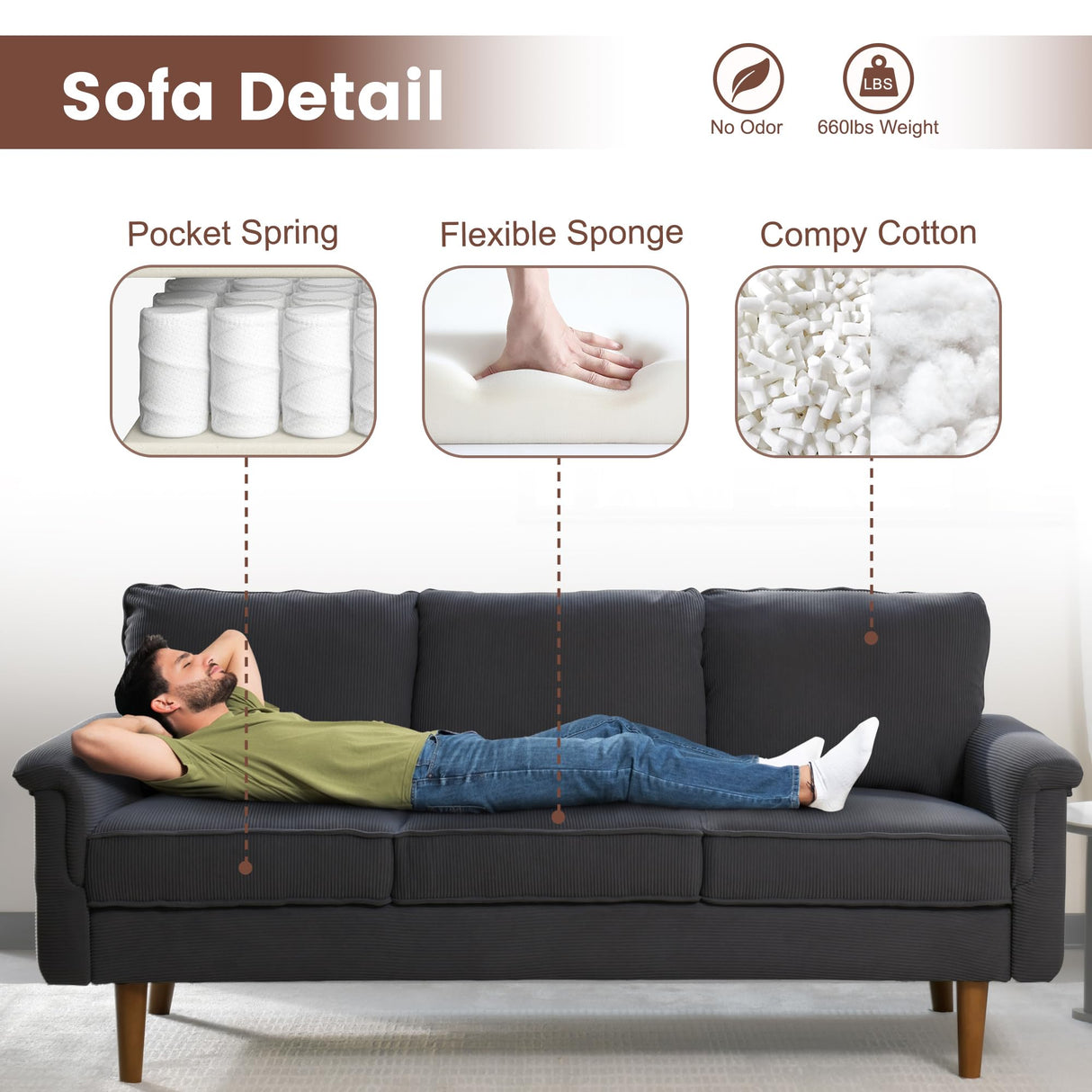 Modern Corduroy Couch with Cloud Cushion,Comfy 3 Seater Sofa with Deep Seat,