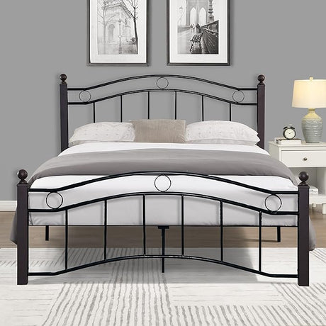 Queen Size Platform Bed Frame with Vintage Headboard, 14 Inches Metal Mattress Foundation for Storage