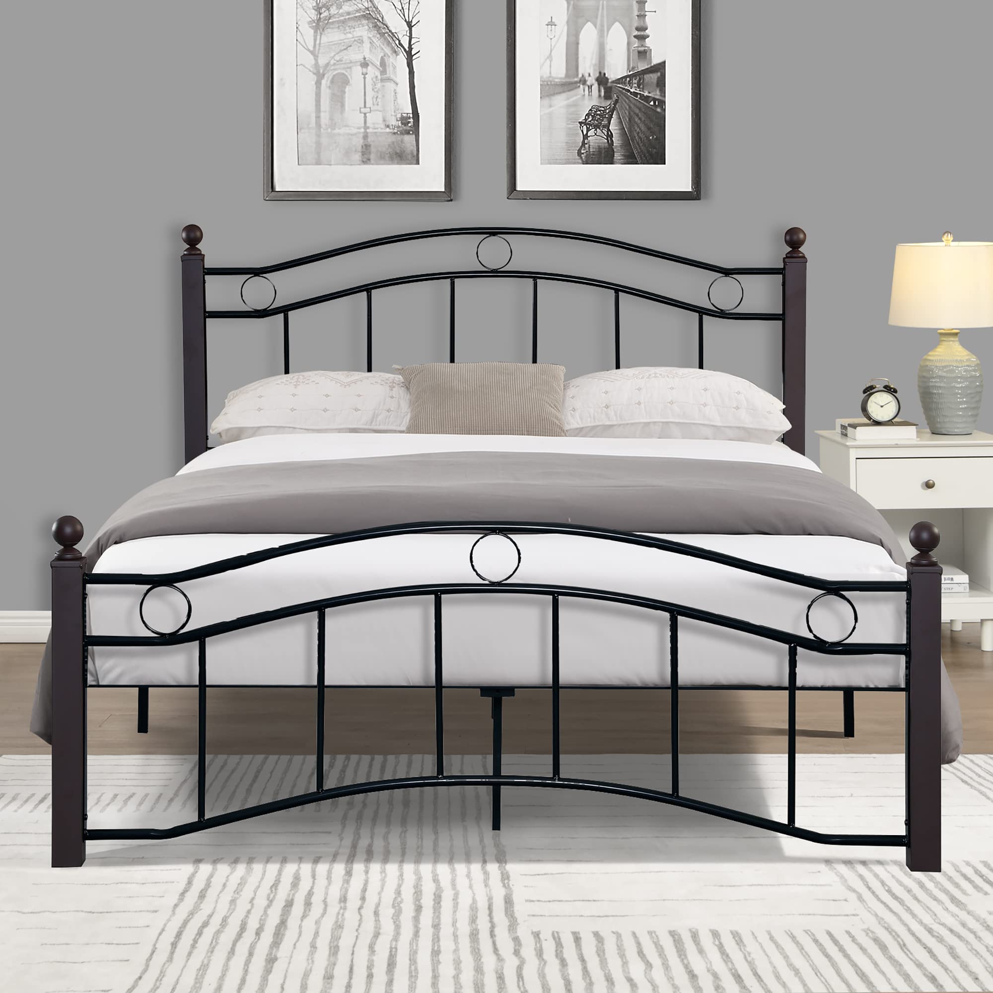 Queen Size Platform Bed Frame with Vintage Headboard, 14 Inches Metal Mattress Foundation for Storage