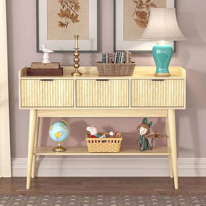 Narrow Console Table Entryway Sofa Table with 3 Drawers Fluted Console Table