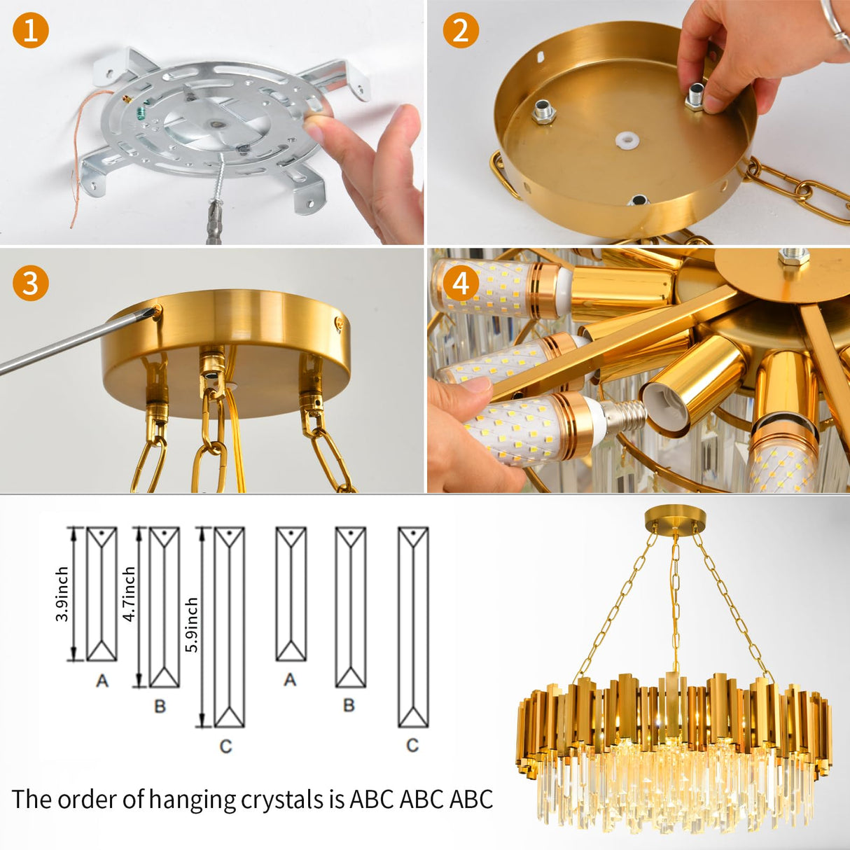 Modern Gold Crystal Chandelier Hanging Ceiling Light Fixture 12 Lights Round Crystal