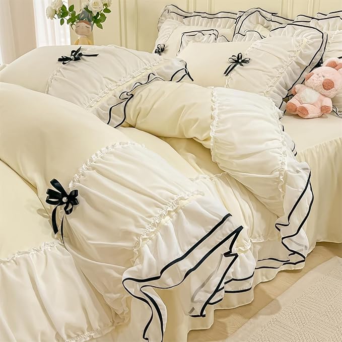 White Duvet Cover Full Size, Ruffle Beddding Set with Bowtie