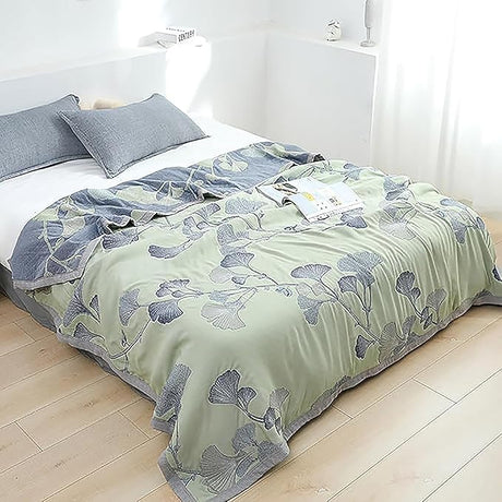 Reversible Quilt Ginkgo Leaves Embroidered, Light Weight Muslin Comforter Warm & Soft