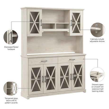 Lennox Farmhouse Sideboard Buffet Cabinet with Hutch | Storage Credenza for Dining Room or Kitchen Area, 60W, Linen White Oak