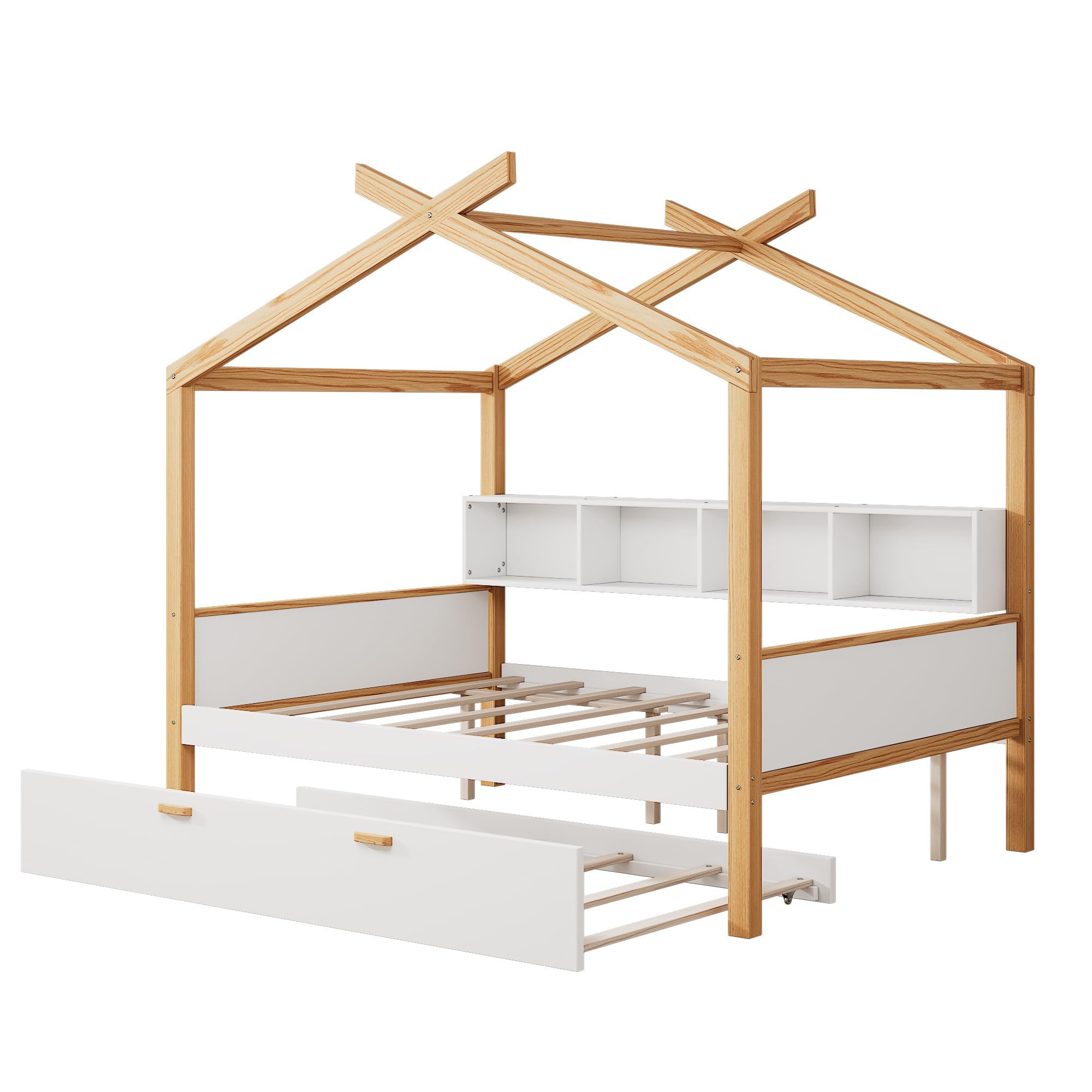 Wooden Kids House Bed, Full Size Trundle and Bookshelf Storage Space