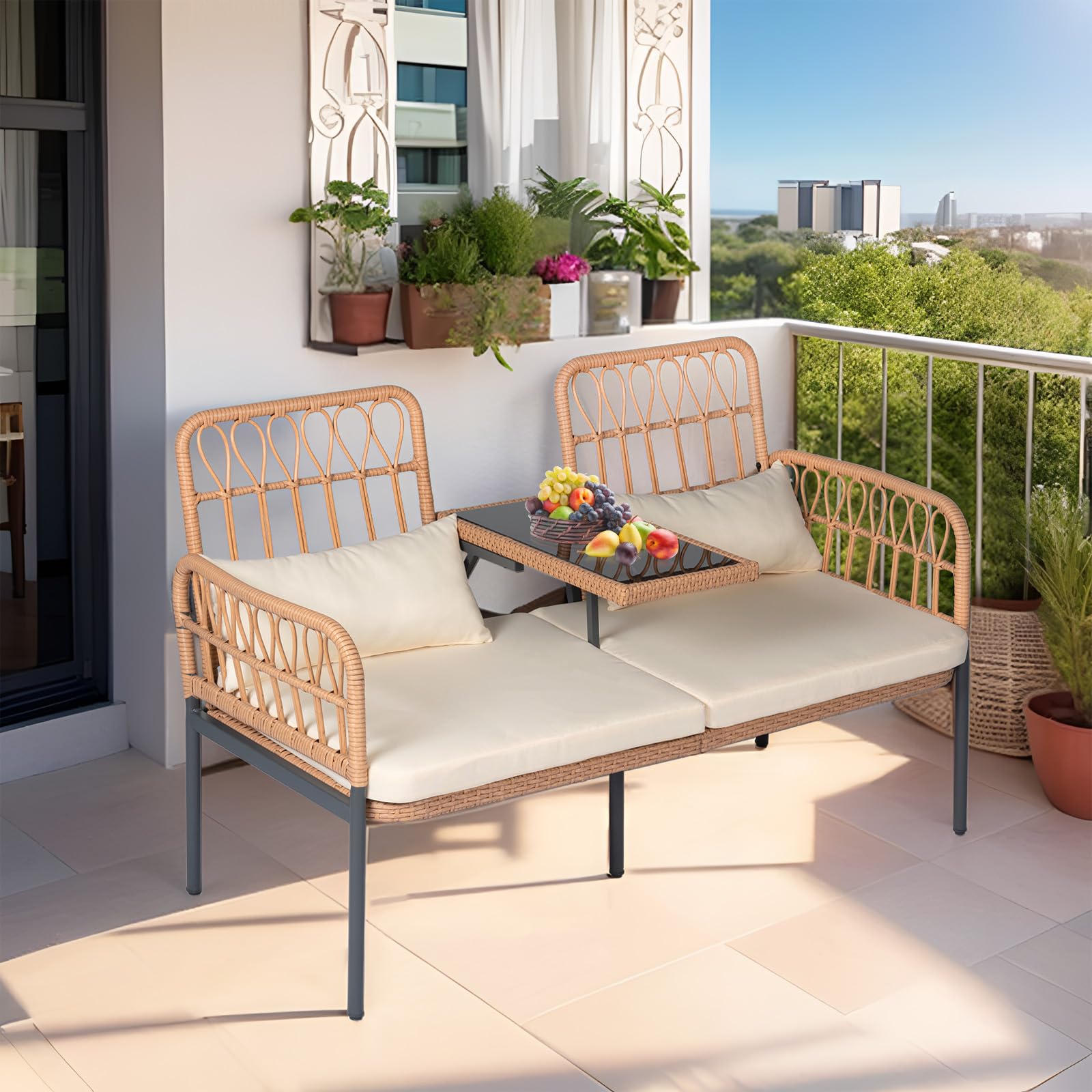 Outdoor Loveseat 2 Pieces Patio Furniture Set, Porch Furniture Wicker Large Loveseats