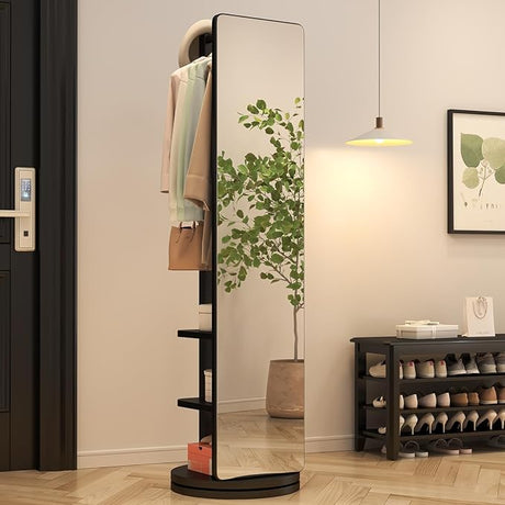 Rotaty Full Length Mirror, 70"x16",Unique Solid Wood Oversized Floor Mirror with Coat Rack, Full Body Mirror for Bedroom,Entryway,Living Room (Walnut)