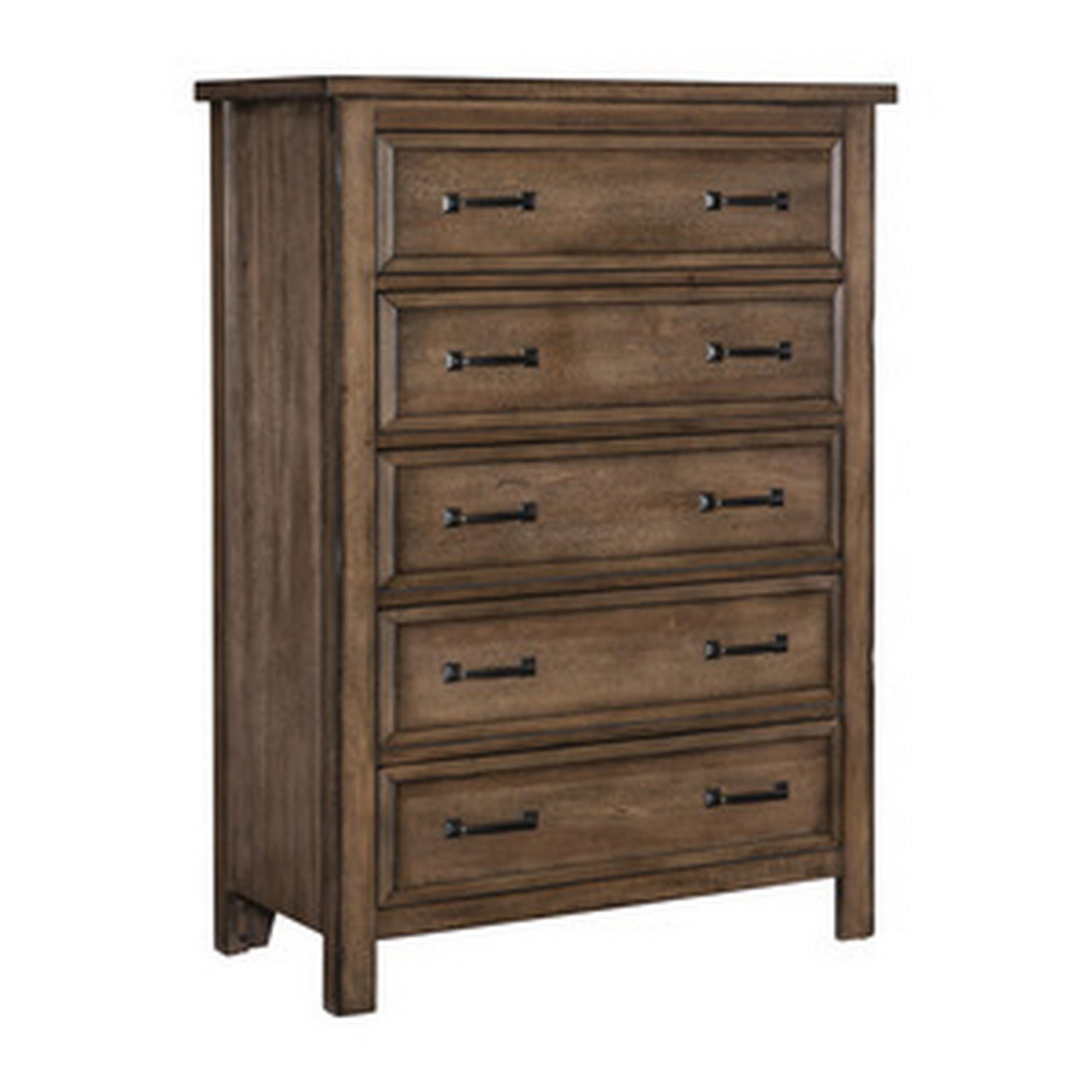 52 Inch Tall Dresser Chest, 5 Drawers, Metal, Light Wood, Brown