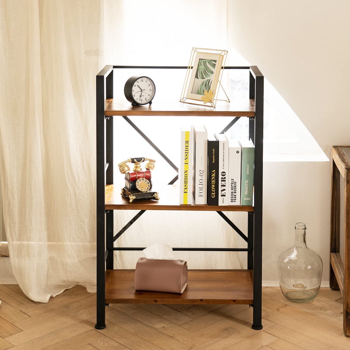 Rustic Bookshelf, 3 Tier Real Wood Bookshelf, Metal Book Shelf for Storage, Black Bookcase, 12.6" D x 23.62" W x 36.61" H