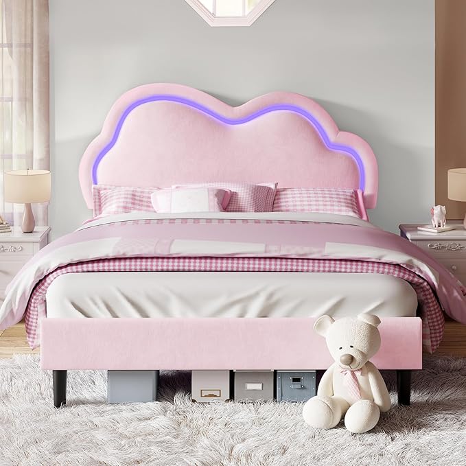 LED Bed Frame Full Size Velvet Upholstered Platform Bed with Adjustable Cloud Headboard,