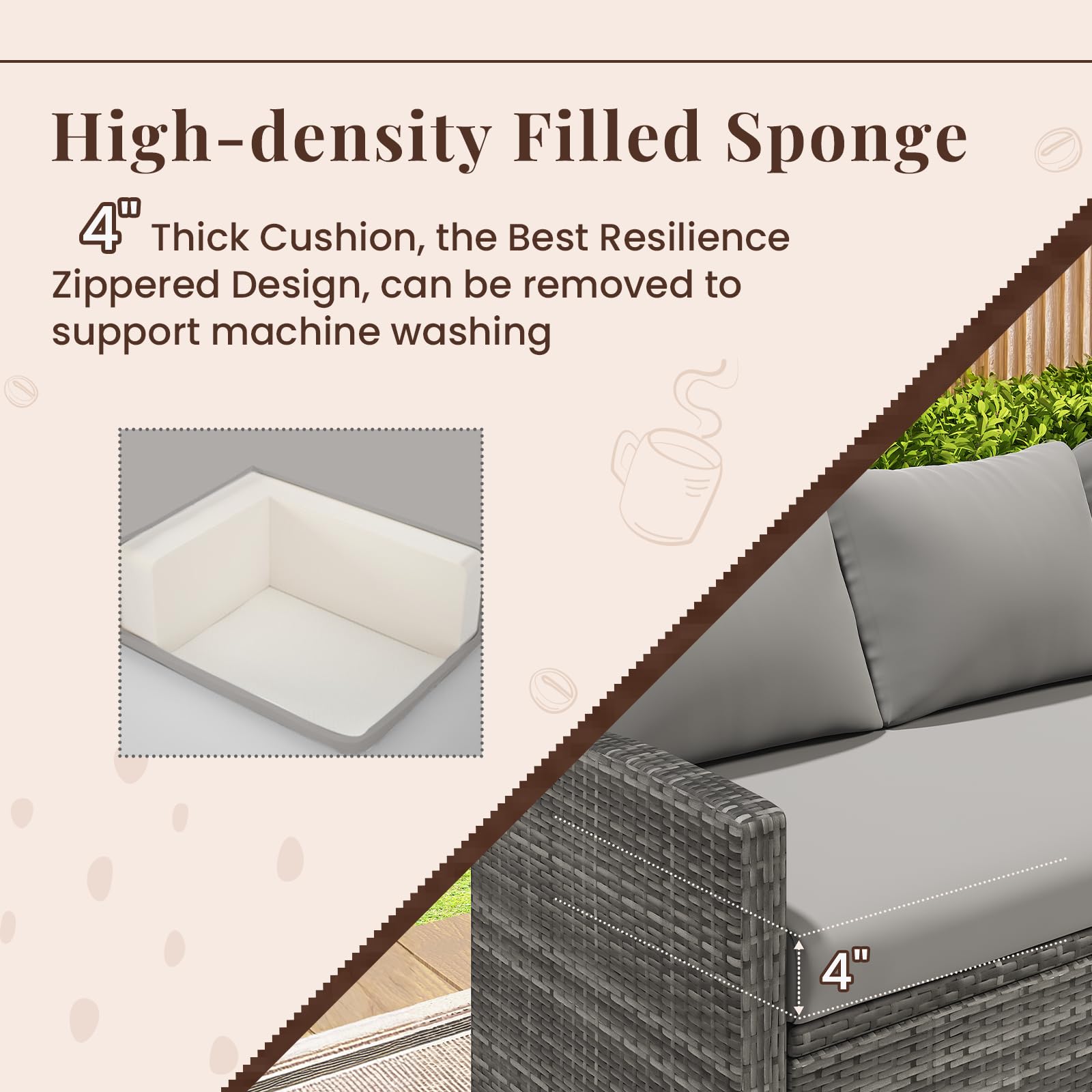 U-MAX 7 Pieces Patio Furniture Set, Outdoor Sectional Sofa Conversation Set, All Weather Wicker Rattan Dining Table & Chair with Ottoman, Grey Rattan&Grey Cushion