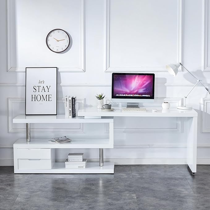 L Shaped Office Desk, Modern Rotating Corner Computer Desk