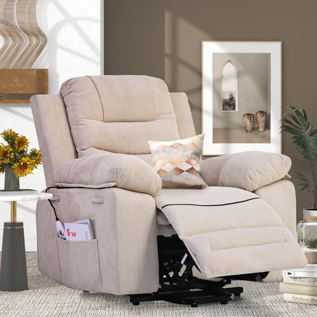 Power Lift Recliner Chair for Elderly Modern Linen Upholstered Electric Recliner Chair with Adjustable Massage and Heating Single Sofa Sofa with Infinite Position and Side Pocket for Living Room Beige