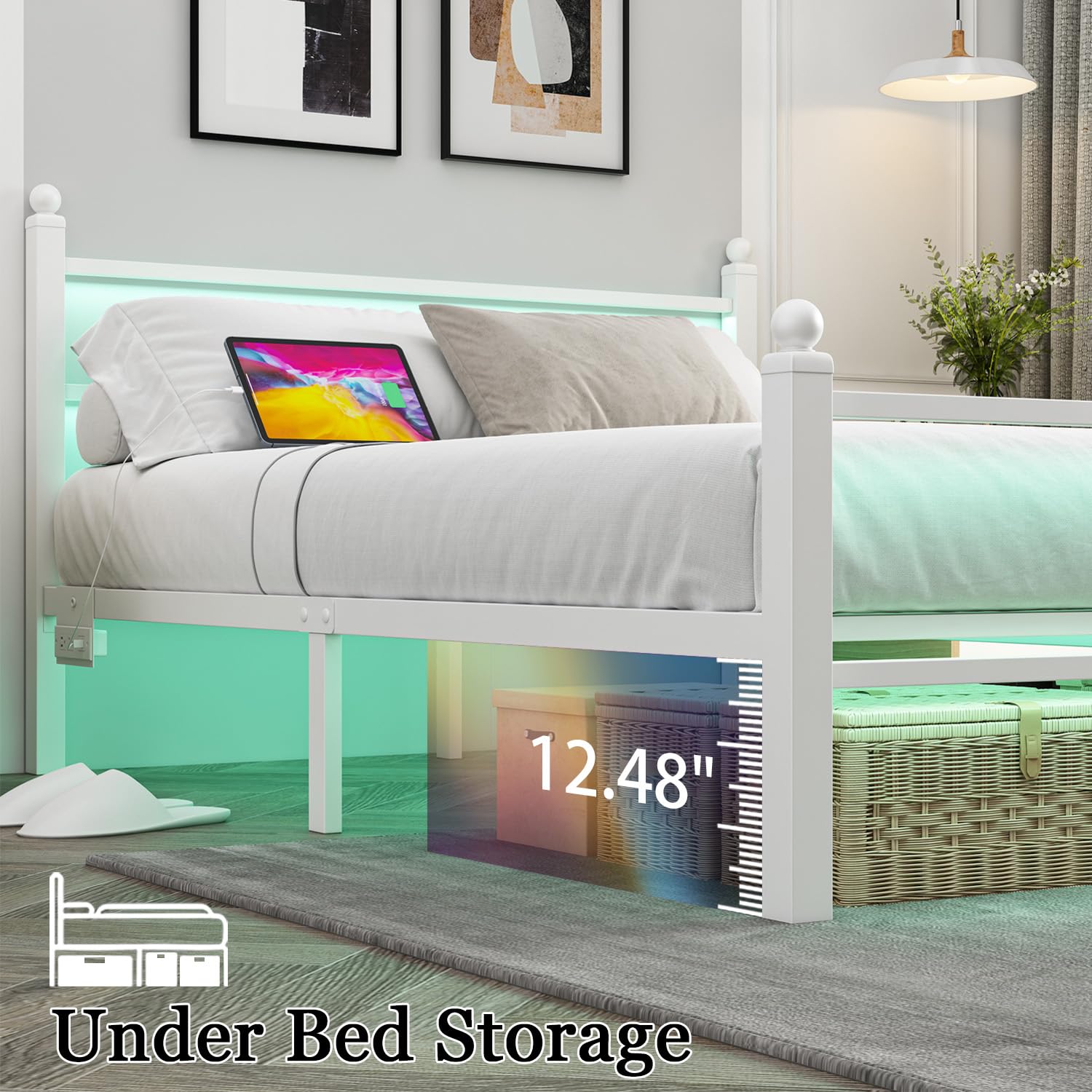 Full Size Metal Bed Frame with LED Lights & Charging Station - White