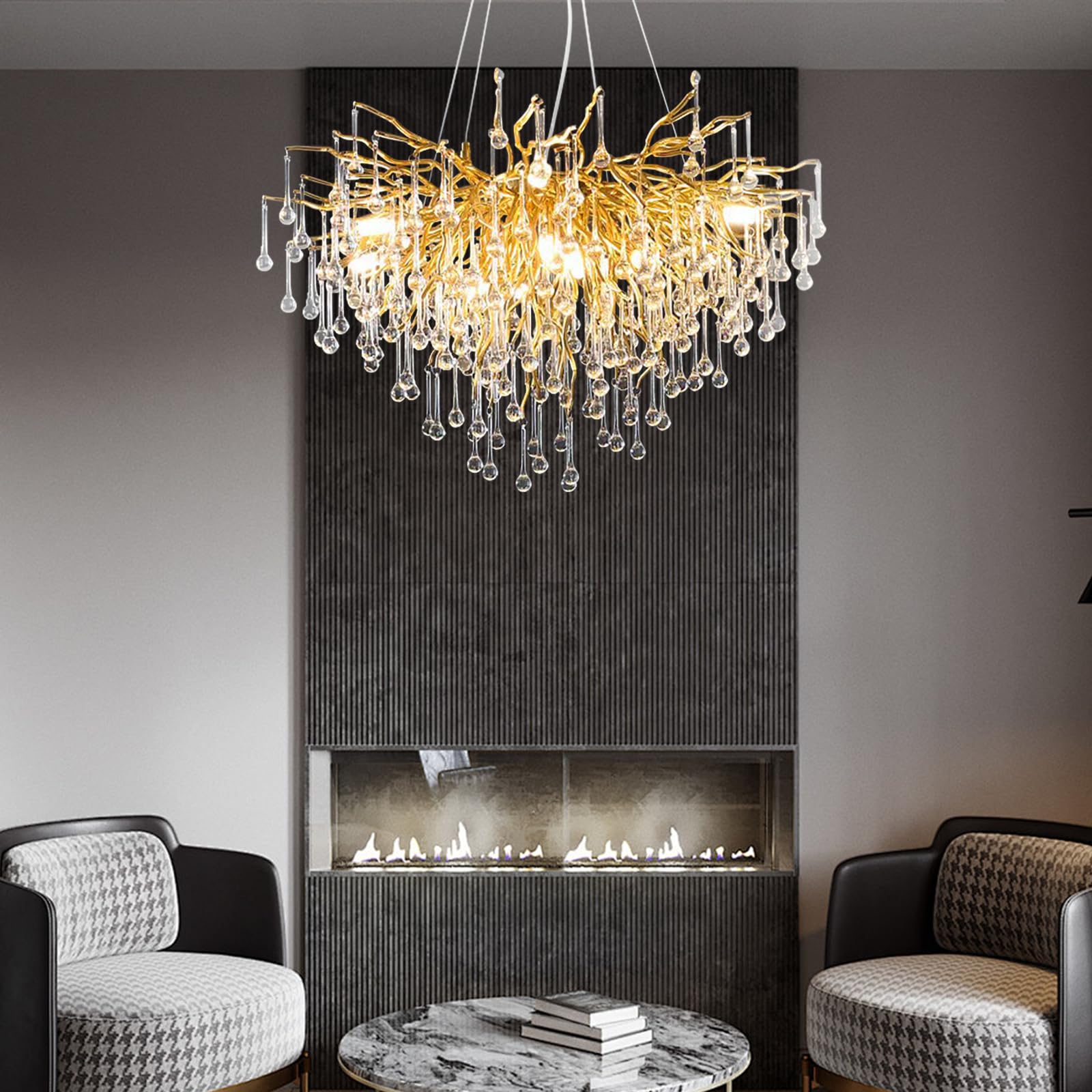 Gold Crystal Chandelier for Dining Room, Modern Raindrop Tree Branch Chandelier,