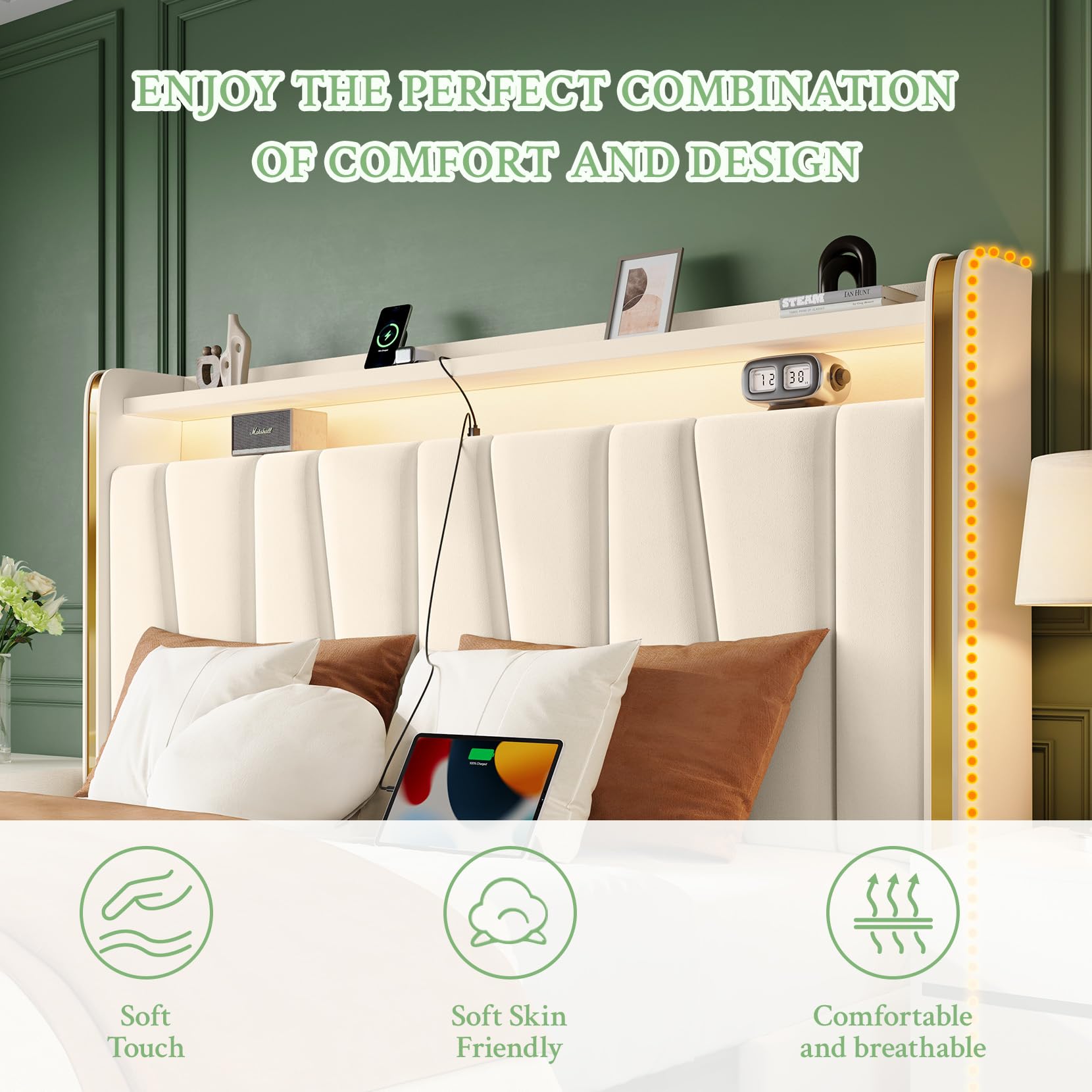 Queen Platform Bed Frame with Storage Drawers & LED Headboard