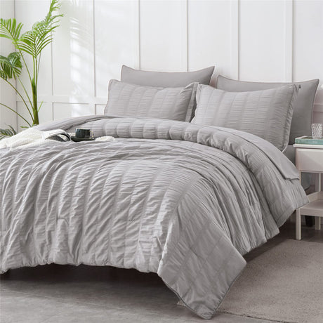 Grey Comforter Set King Size, 7 Piece Bed in a Bag Seersucker Comforter and Sheet Set, All Season Soft Microfiber Complete Bedding Set(Grey,King)