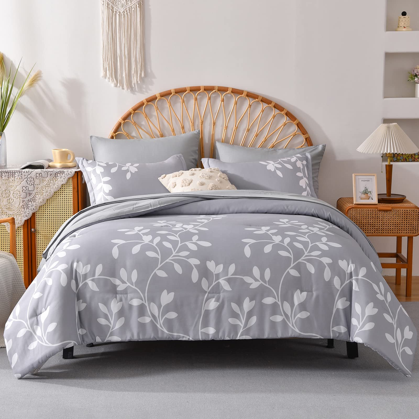 King Size Comforter Set - 7 Pieces White Floral Botanical Printed on Grey King Comforter