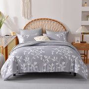King Size Comforter Set - 7 Pieces White Floral Botanical Printed on Grey King Comforter