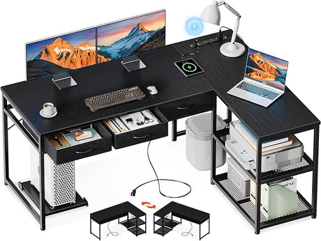 53 Inch L Shaped Computer Desk with Drawers, Corner Desk with Power Outlets & Reversible Storage Shelves