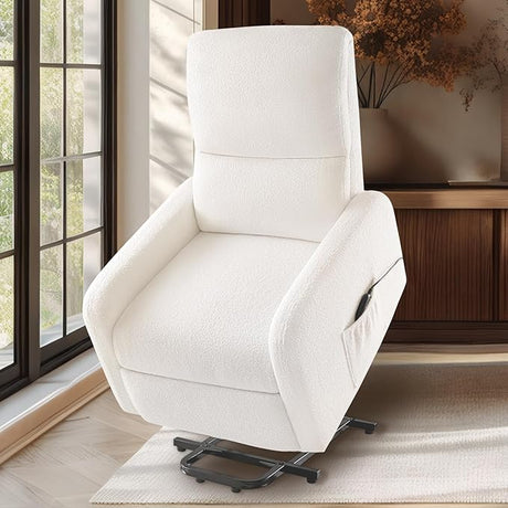 Lift Recliner Chairs for Adults, Small Electric Recliners with High Back & Side Pocket for Nursery Living Room Bedroom, Comfy Upholstered Modern Nursing Single Sofa, Teddy White