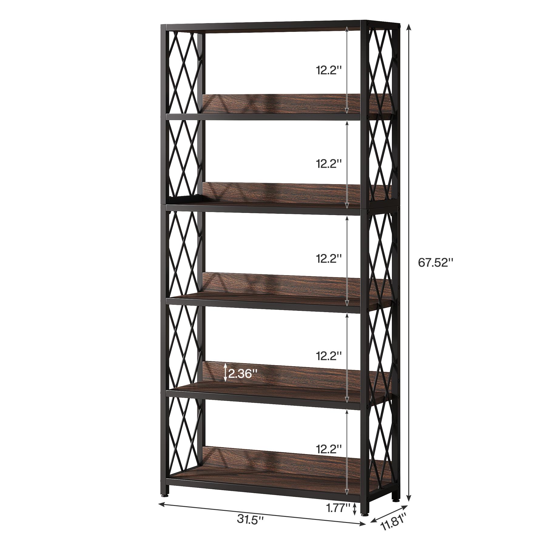 Tribesigns 67 Inch Book Shelf, 5 Tier Industrial Etagere Bookcase with Open Shelves, Tall Bookshelf for Living Room, Bedroom, Home Office (Brown + Black)