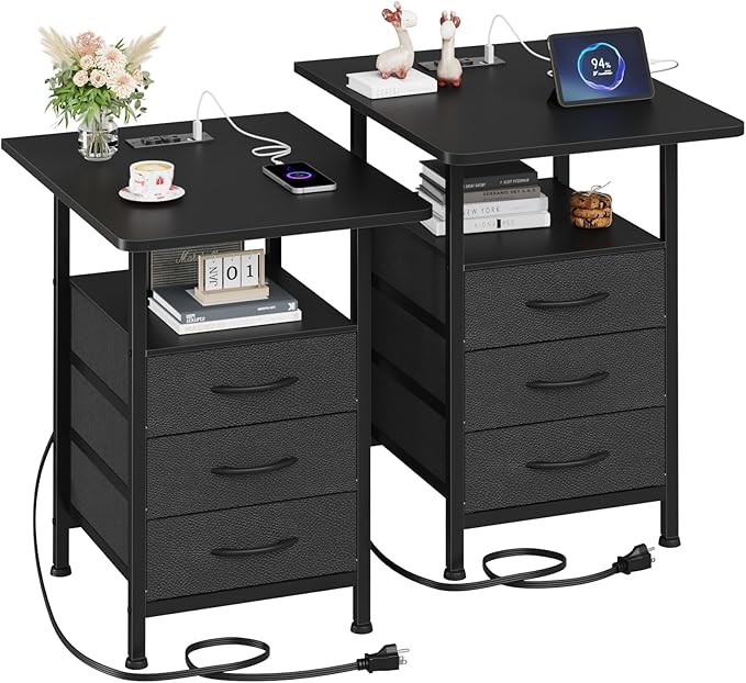 Night Stand Set 2 with 19'' D Larger Tabletop and 3 Fabric Drawer, Bedside Tables with Fast Charging Station