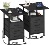 Night Stand Set 2 with 19'' D Larger Tabletop and 3 Fabric Drawer, Bedside Tables with Fast Charging Station