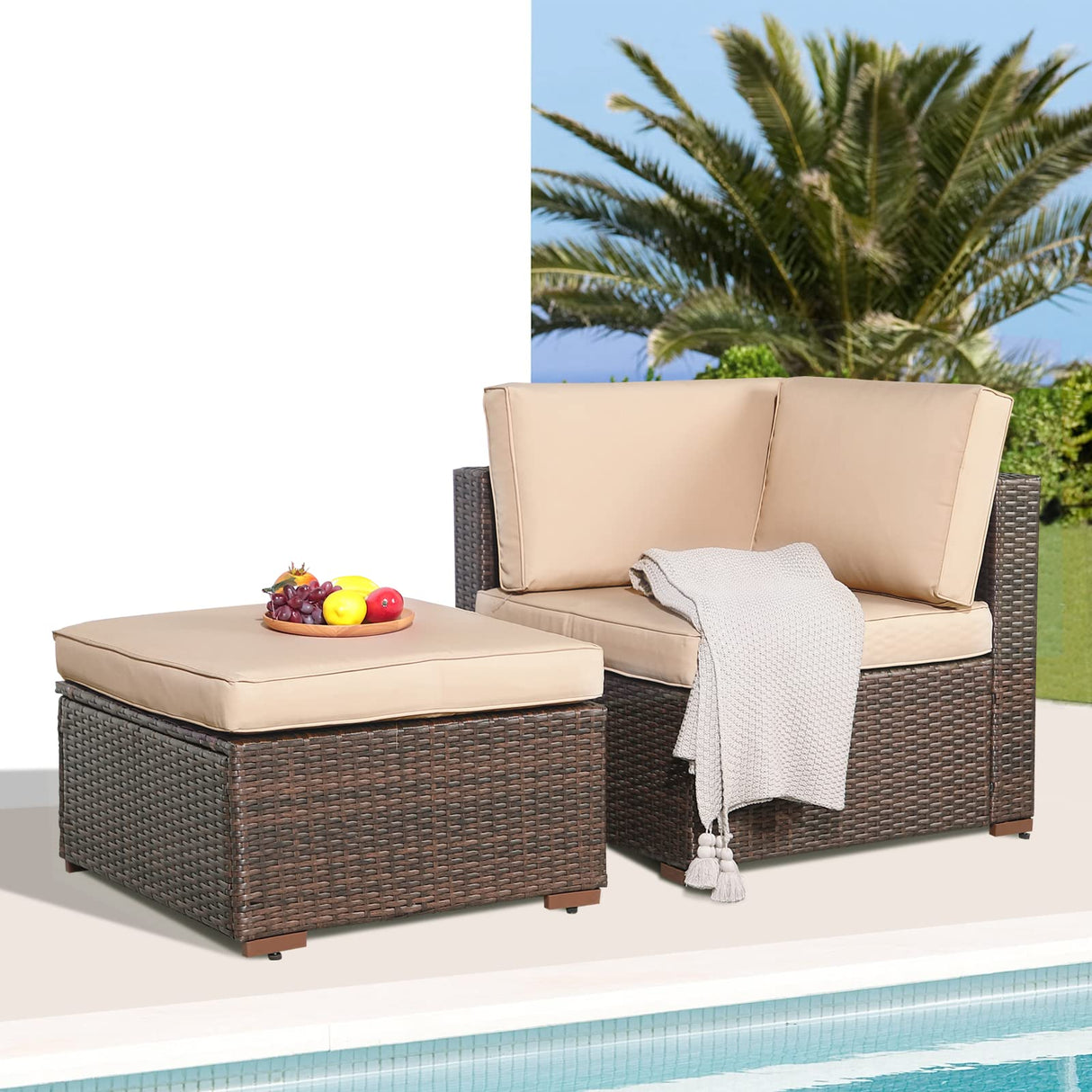 2-Piece Patio Furniture Sofa Set, Outdoor Sectional Sofa, All-Weather Brown PE Wicker